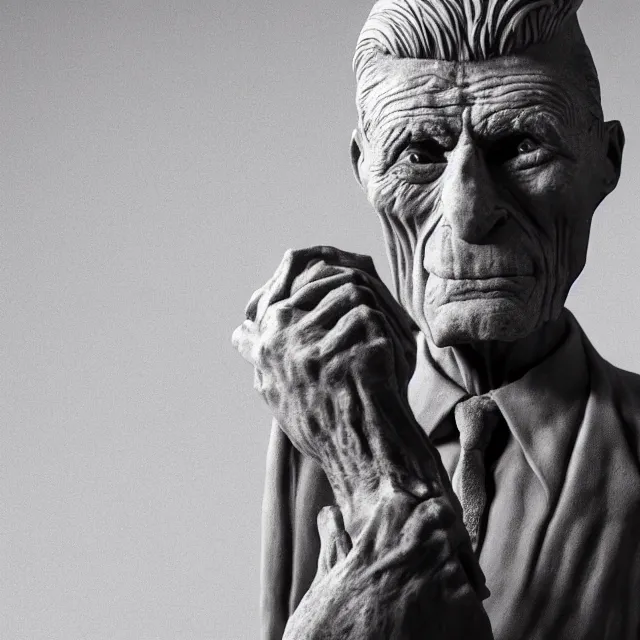 Image similar to photography of a sculpture of Samuel Beckett made of clay by Sebastian Kruger and Michelangelo, 50mm, studio atmosphere, 8K, rim light, octane render, ultra-realistic