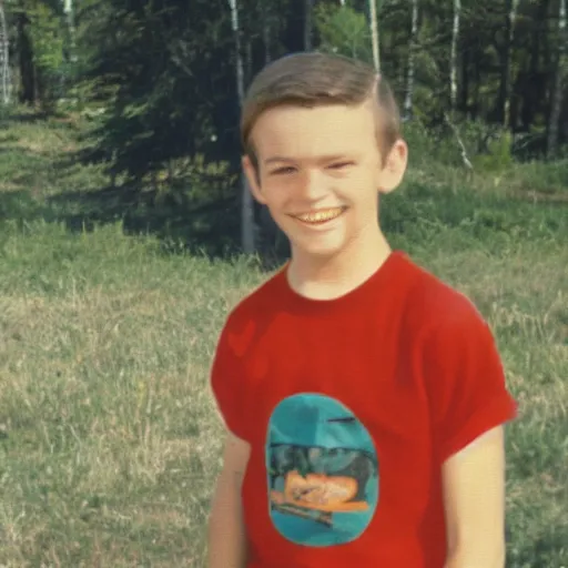 Prompt: a color photograph of a very handsome young man in 1 9 6 9, he is at camp