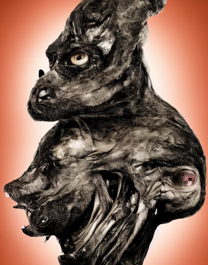 Image similar to closeup portrait of muscular animal human merged head, morphing, merging, anthropomorphic, creature, black background