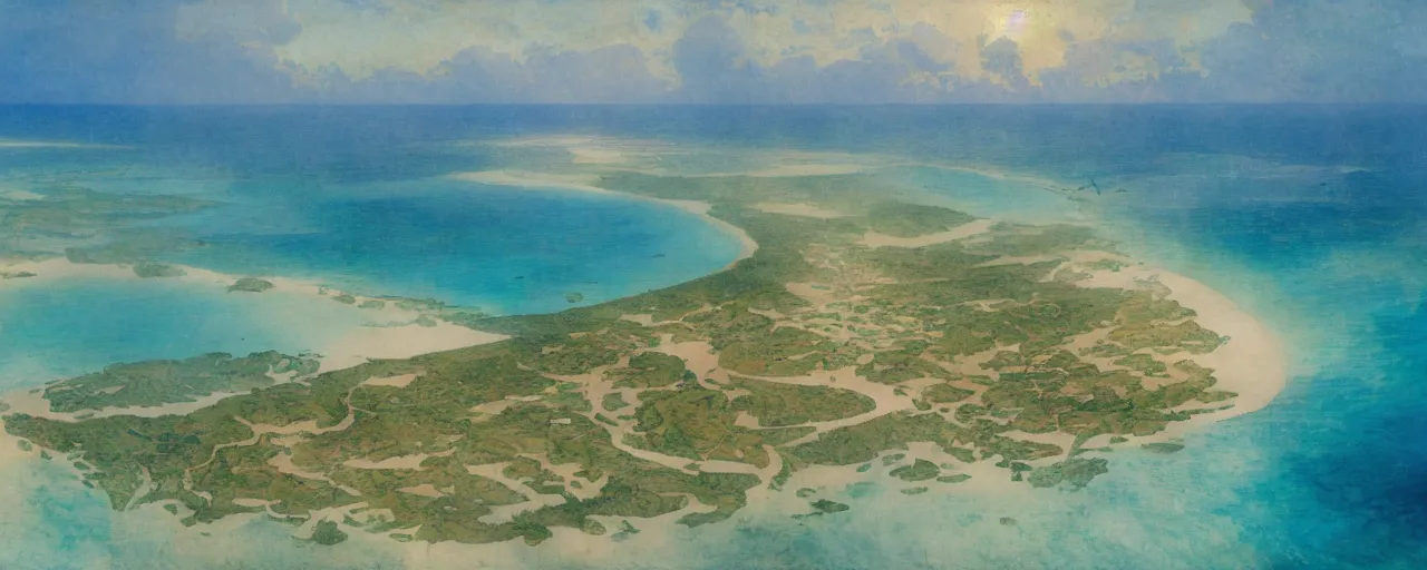 Prompt: a beautiful landscape painting of a tropical island in the middle of the ocean, by alfons maria mucha, trending on artstation, super ultra detail, aerial photography