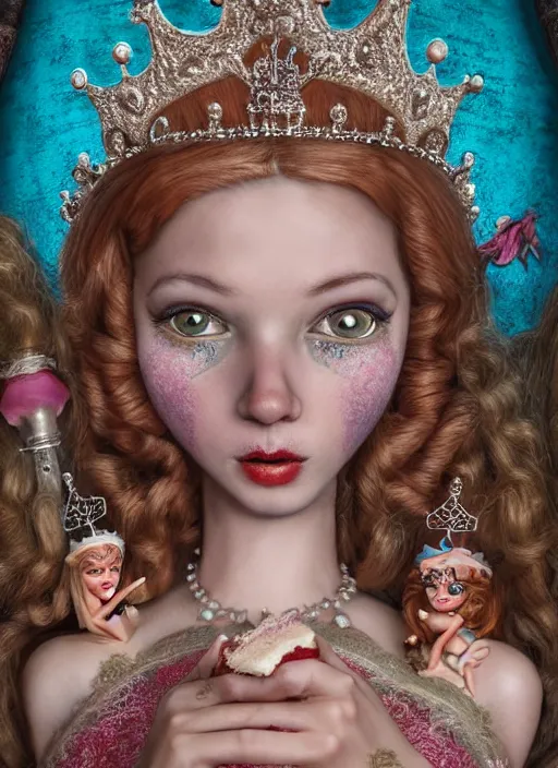 Image similar to cartoon closeup medieval robert crumb face portrait of a fairytale princess wearing a crown eating cakes in the castle, bikini, depth of field, zeiss lens, detailed and intricate environment, fashion photoshoot by nicoletta ceccoli, mark ryden, lostfish, breathtaking, 8 k resolution, extremely detailed, beautiful, establishing shot, artistic, hyperrealistic, octane render