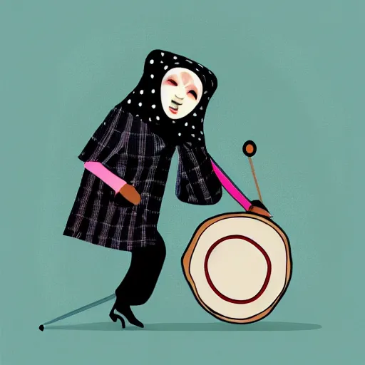 Image similar to a babushka playing drums in a nice suit, digital art