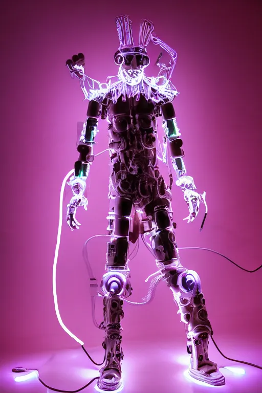 Image similar to full-body neon porcelain baroque cyberpunk style sculpture of a muscular handsoe prince as a high-fashion half-robot wearing retro shades with a porcelain body, corrupted battery, leaking glowing neon radioactive liquid, electric sparks, glowing violet laser beam eyes, crown of giant crt monitors, flowing pink and orange neon-colored glitched silk, luminescent fabrics, mechanical raptors. baroque and steampunk elements. full-length view. baroque element. intricate artwork by caravaggio. Very very very very highly detailed epic photo of face. Trending on artstation, octane render, cinematic lighting from the right, hyper realism, octane render, 8k, depth of field, 3D