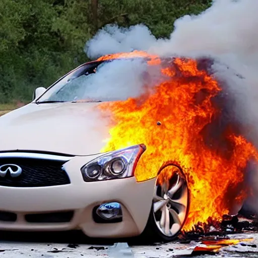 Prompt: Infiniti G35 white in violent car crash burning on fire brutal accident