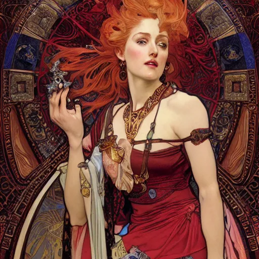 Prompt: realistic detailed of Gillian Anderson wearing ornate red armor by Alphonse Mucha, Ayami Kojima, Amano, Charlie Bowater, Karol Bak, Greg Hildebrandt, Jean Delville, and Donato Giancola, Art Nouveau, Neo-Gothic, gothic, rich deep colors