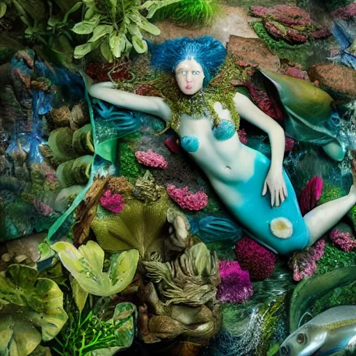 Image similar to a underwater mythological scene of a mermaid being wrapped in plants by jan van eyck, ernst fuchs, nicholas kalmakoff, joep hommerson, fish eye lense, fashion editorial, make - up artist, prosthetic makeup