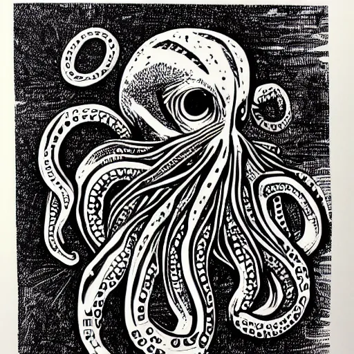 Image similar to a cross between a cat and an octopus, realistic, detailed, linocut