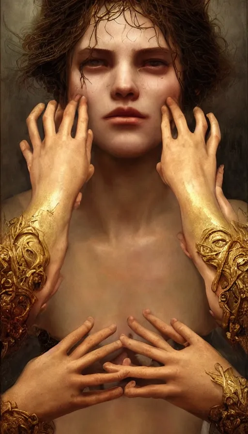 Image similar to epic masterpiece torment, drama, sweaty skin, hyperrealistic, octane render, cinematic, beautiful face and flawless skin, perfect hands, 5 fingers, gold by Edgar Maxence, Legends of Runeterra