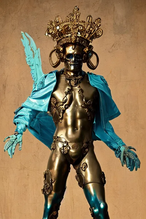 Image similar to a young handsome Spanish metal android with a large glowing battery in the center of his chest in a full-body bronze cyberpunk style statue of Icarus with glowing blue eyes, crown of peach roses, flowing teal-colored silk, fabric, flowers. baroque elements, human skull. full-length view. baroque element. intricate artwork by caravaggio. many many birds birds on background. Trending on artstation, octane render, cinematic lighting from the right, hyper realism, octane render, 8k, depth of field, 3D