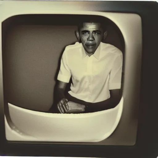 Prompt: Barack Obama sitting in a microwave, polaroid photograph