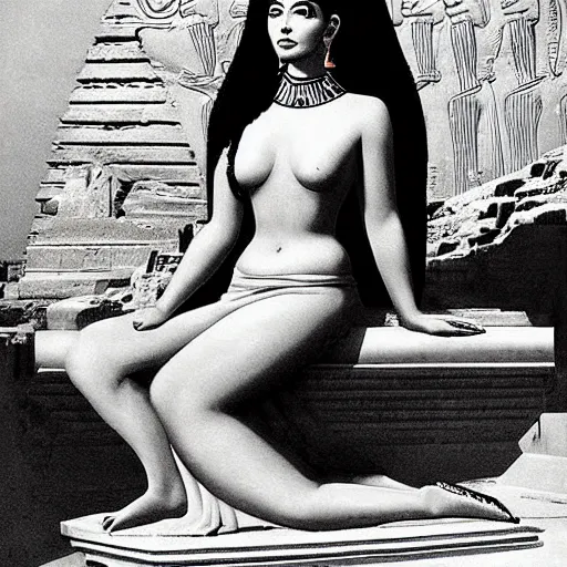 Prompt: Cleopatra sitting on her throne Egyptian architecture Monica Bellucci painted by Alberto Vargas