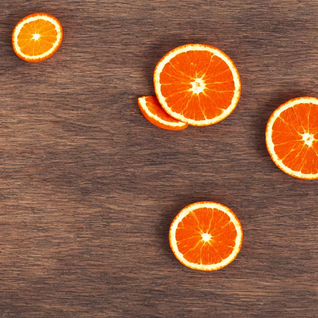 Prompt: top-down view with a single slice of orange slice on top of a wooden table, 4k, photorealistic