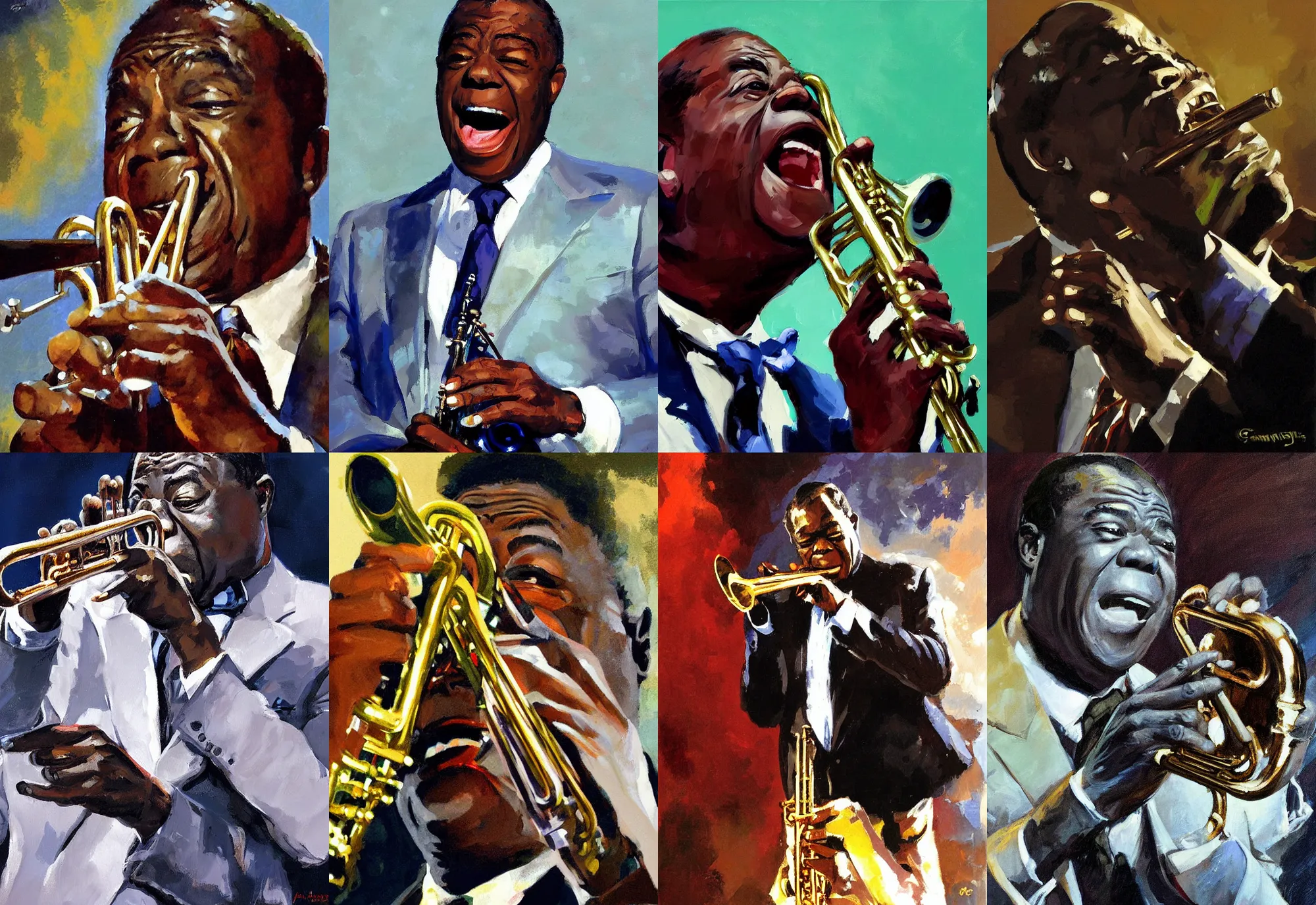 Prompt: a portrait of louis armstrong singing, without trumpet, by greg manchess, dramatic lighting, highly detailed digital painting