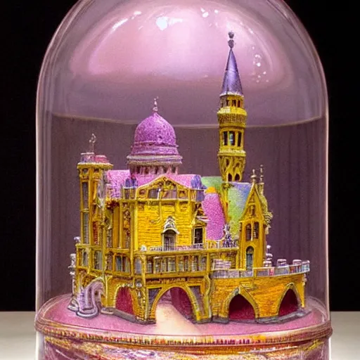 Prompt: miniature tabletop castle under an ornate glass dome, by paulette tavormina and vermeer, intense pastel colors, hyper realistic, detailed, beautiful bright lighting