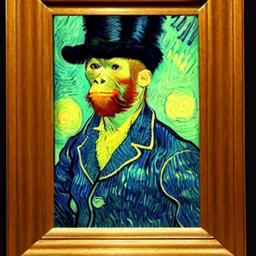 Image similar to a van gogh painting of a baby orangutan wearing a top hat, 4 k, hyper realistic, dslr, landscape, high resolution