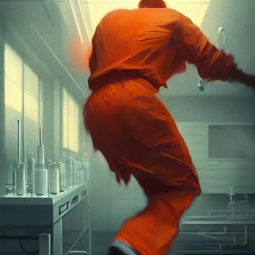 Image similar to a man in an orange jumpsuit running through a laboratory,digital art,art by greg rutkowski,ross tran,artstation,deviantart,photorealistic,hyperdetailed,detailed face,dramatic,cinematic,high quality,studio photograph