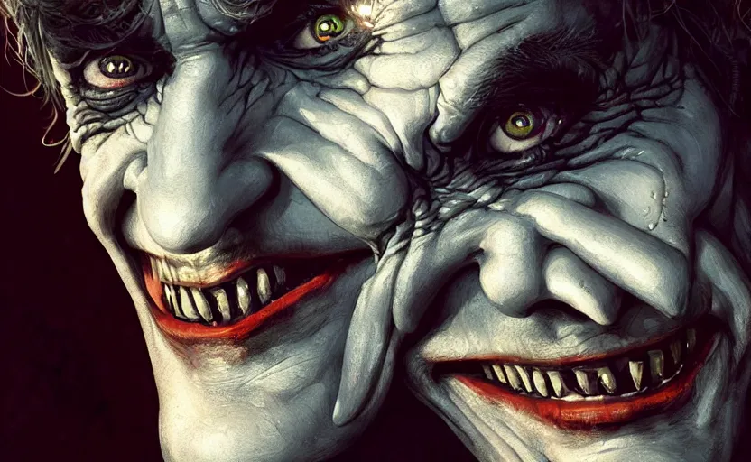 Image similar to highly detailed portrait of christoph waltz as the joker, in batman : arkham knight, stephen bliss, unreal engine, fantasy art by greg rutkowski, loish, rhads, ferdinand knab, makoto shinkai and lois van baarle, ilya kuvshinov, rossdraws, tom bagshaw, global illumination, radiant light, detailed and intricate environment