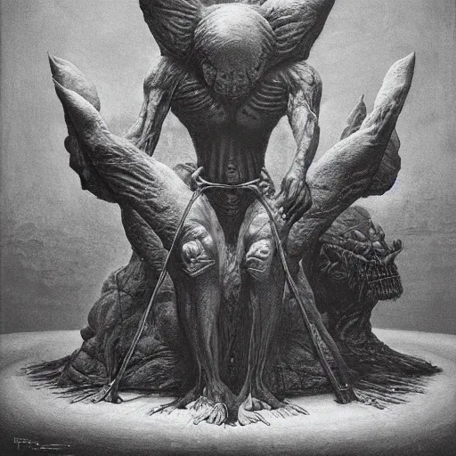 Image similar to benjamin netanyahu tied to a chair, surrounded by mysterious creatures, by beksinski and wayne barlowe and ed binkley
