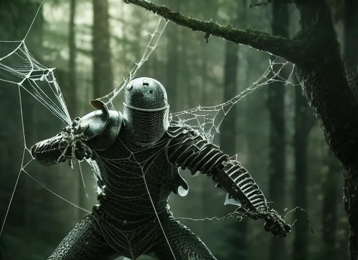 Prompt: knight fights off a crystal clear spider in a forest. highly detailed 8 k. intricate. lifelike. soft light. fantasy horror style. cinematic post - processing