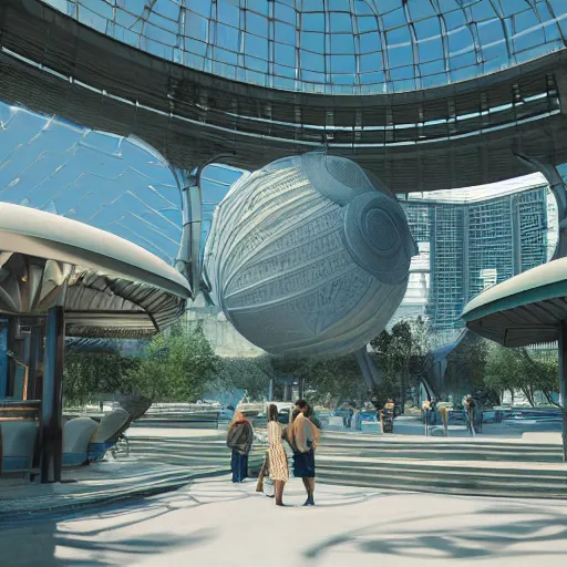 Prompt: octane render, industrial light magic, sharp professional photo inside a high - end luxurious solarpunk beautiful utopian futuristic chicago worlds fair, ultradetailed, photorealistic