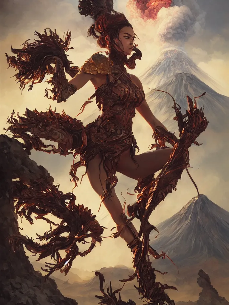 Prompt: An epic fantasy portrait painting of a spider-legged warrior woman with hair spikes standing in front of a volcano eruption, illustration, detailed, award-winning, trending on artstation, by artgerm and Greg Rutkowski and Alphonse Mucha