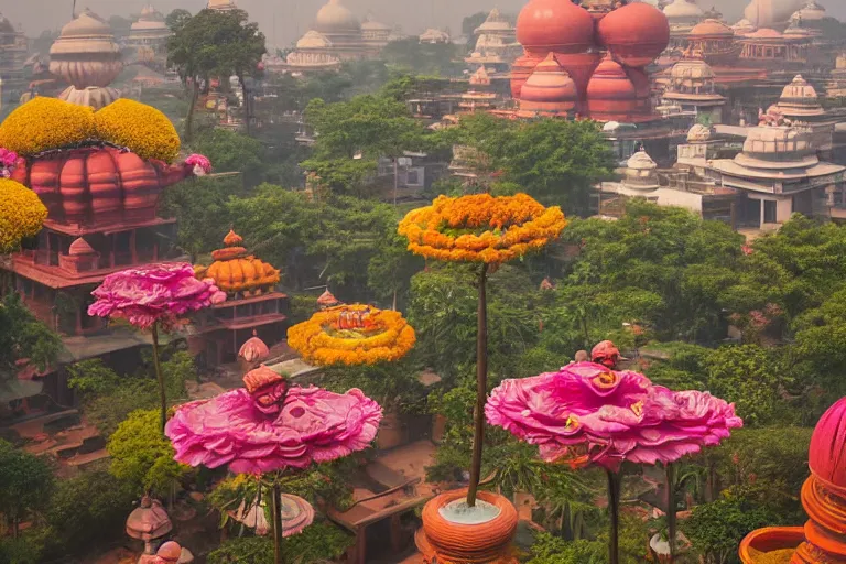 Image similar to beautiful dreamy! biomorphic new delhi, hanuman!! head building, kalighat flowers, octane sharp cinematic, stephen shore & john j. park, soft morning light, wide shot, aerial photo, uhd 8 k, shallow depth of field