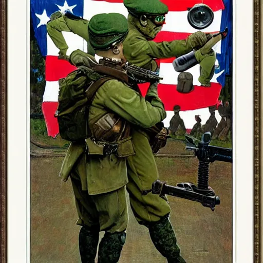 Prompt: soldier and comrads and pepe the frog by norman rockwell