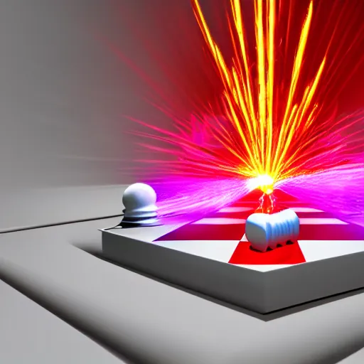 Image similar to a stunning 3 d simulation of a white chess piece exploding with colorful laserbeams, black background, 4 k