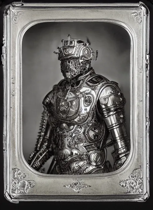 Image similar to old wetplate daguerreotype frame portrait of a futuristic silver armored king arthur emperor district 9 cyborg, fractal, intricate, elegant, highly detailed, subsurface scattering, by jheronimus bosch and greg rutkowski and louis jacques mande daguerre