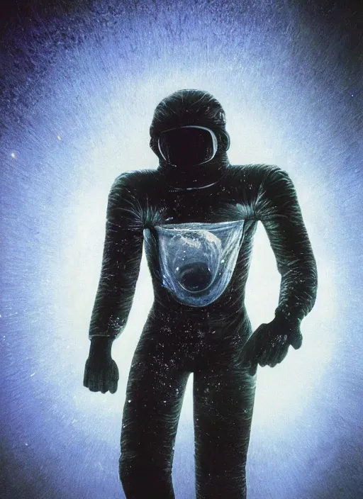 Image similar to astronauts in dark and empty void underwater - complex and hyperdetailed technical suit. reflection and dispersion materials. rays and dispersion of light. volumetric light. 5 0 mm, f / 3 2. noise film photo. flash photography. ultra realistic, wide angle. poster by wayne barlowe, hajime sorayama aaron horkey, craig mullins