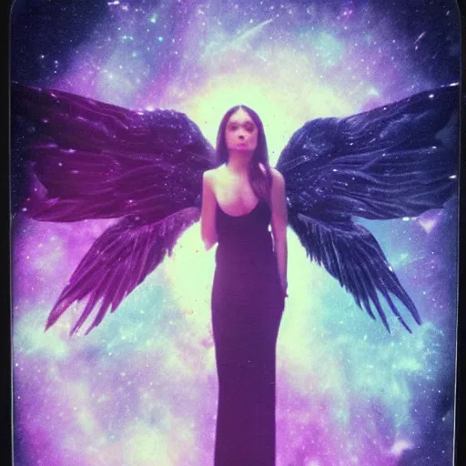 Image similar to a lost female angel glaring into your eyes, deep cosmic eyes, wide long wings made from dark cosmic nebulas, realistic photograph, polaroid pic by horror