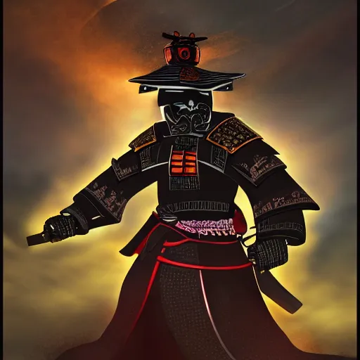 Prompt: an illustration of a samurai turning into the dark lord, Digital art, Trending on artstation