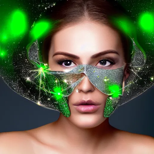 Prompt: portrait of a beautiful futuristic woman layered with high-tech jewelry wrapping around her face and head, golden-silver light with green gems