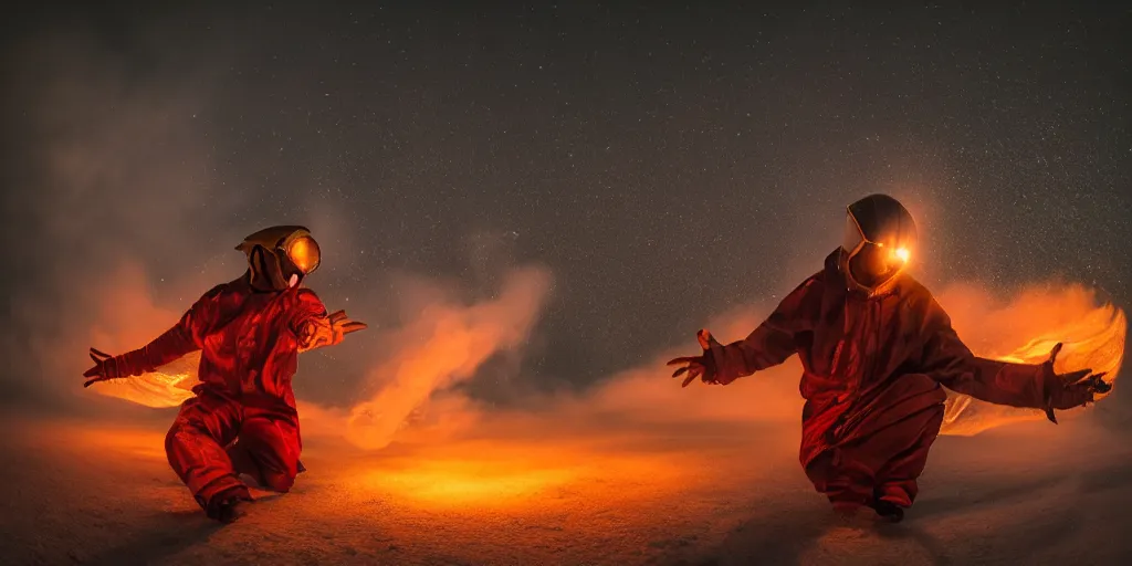 Image similar to fisheye slow motion with trail fire effect of futuristic break dancer wearing long dark cloak and golden helmet emitting fire, long exposure shot , enigmatic, at night in the middle of the arctic with red light A letter, paddle of water, steam, fog, water splashes, rim lights, glossy reflections, water droplets on lens, octane render, Volumetric dynamic lighting, stunning cover magazine, high details, hajime sorayama