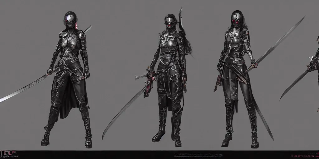 Image similar to cyberpunk female warriors, sword, katana, character sheet, concept design, contrast, hot toys, kim jung gi, greg rutkowski, zabrocki, karlkka, jayison devadas, trending on artstation, 8 k, ultra wide angle, pincushion lens effect