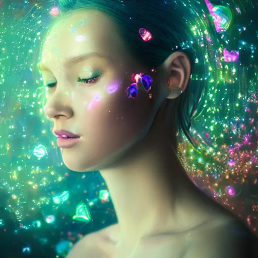 Prompt: a very beautiful dreamy hyper realistic portrait of a beautiful! glass woman made of transparent glossy glass skin surrounded with glowing butterflies, rendered by beeple, by wlop, syd meade, space art concept, dreamy, elegant, sci - fi, digital art, unreal engine, wlop, trending on artstation, 4 k uhd image, octane render