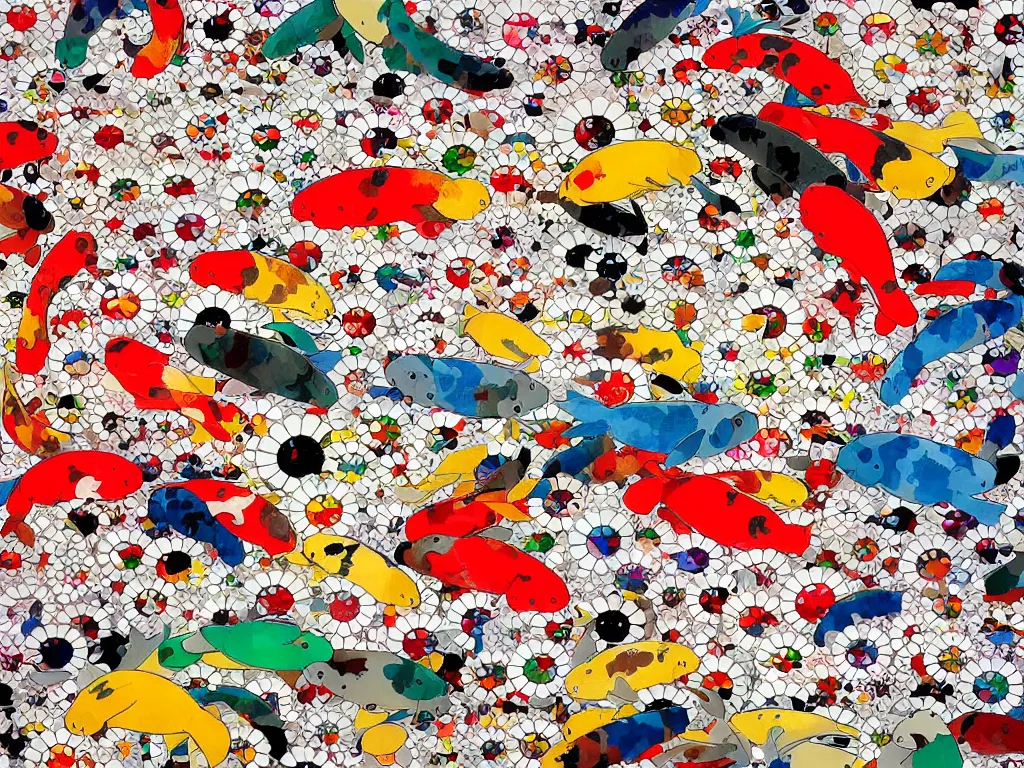 Image similar to colorful koi carp collage by takashi murakami, illustration, concept art, colorful, beautiful, studio ghibli, aoshima chiho, manga, cute and adorable