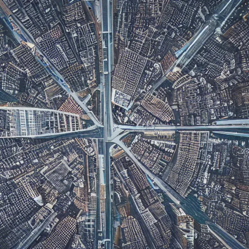 Image similar to birds eye view of a city that looks like a circuit board, 4 k, photorealistic, aerial photography, drone footage