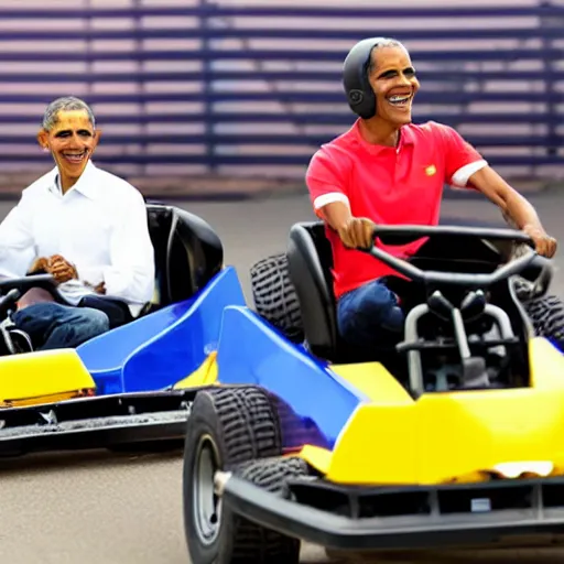 Image similar to obama and biden driving go - karts together at the fair