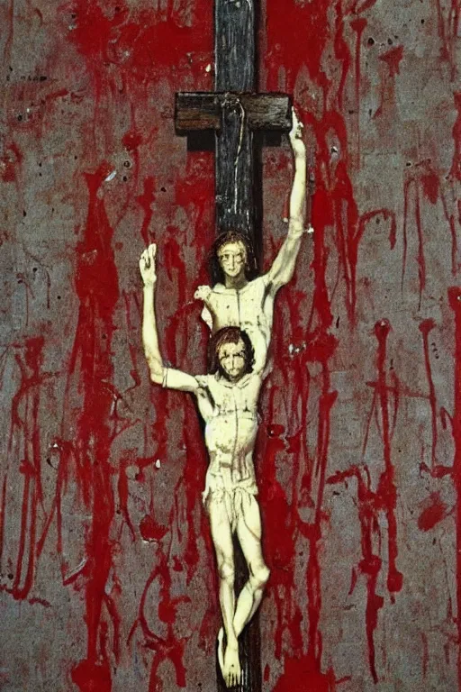 Image similar to bloody christ crucified and some mushrooms on the floor painted in by cy twombly and andy warhol