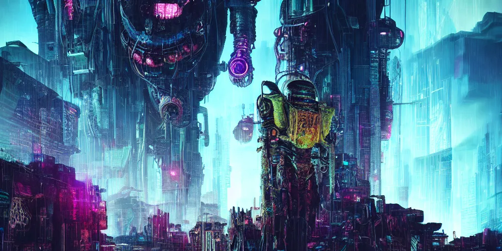 Image similar to a cyberpunk chtulhu creature closeup, fallout 5, studio lighting, deep colors, apocalyptic setting, vertically mirrored city in background