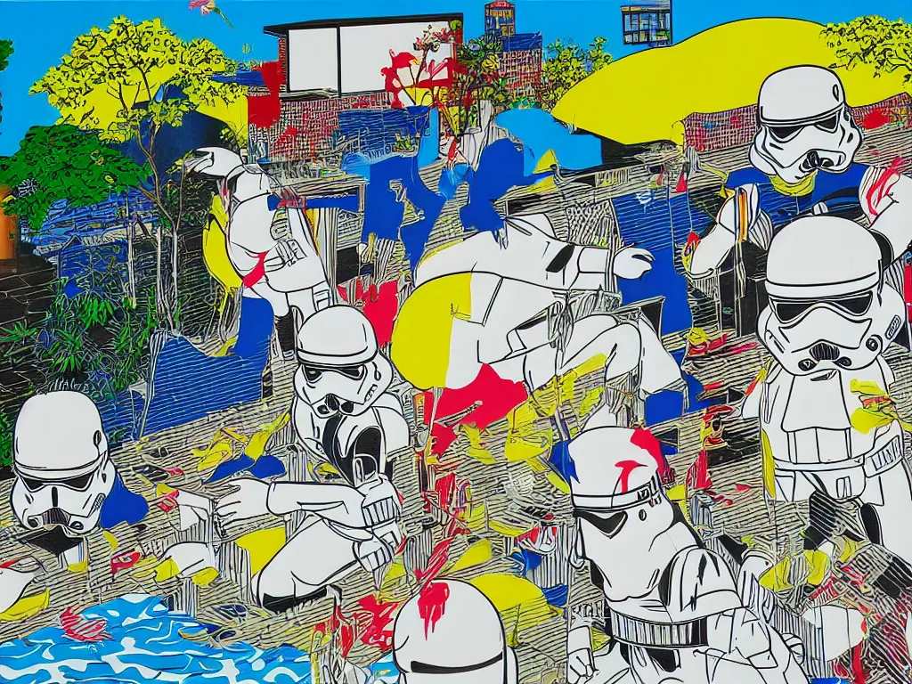 Image similar to hyperrealism composition of the japanese house with a hot springs in the garden, detailed stormtrooper in hot springs, pop - art style, jacky tsai style, andy warhol style, roy lichtenstein style, acrylic on canvas