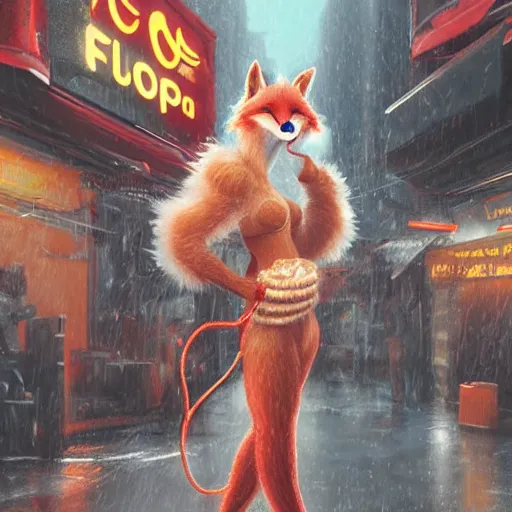 Image similar to furry anthropomorphic female vulpes vulpes fulva with white fur eating noodles by a noodle kiosk in the crowded street of a city, cyberpunk, rain, harsh neon lights, highly detailed, digital painting, trending on artstation, concept art, sharp focus, illustration, art by artgerm and greg rutkowski and magali villeneuve