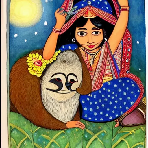 Image similar to beautiful indian woman and cute sloth investigate crime together, illustrated, children's book, high detail cartoon, colourful, watercolour