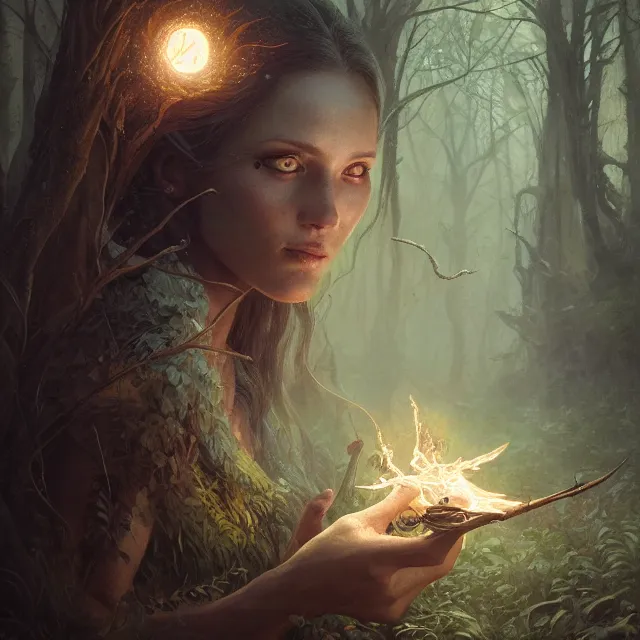 Image similar to close up portrait of a beautiful female witch casting a spell, magical forest background fantasy atmosphere. art by greg rutkowski. highly detailed, intricate, lifelike. sci - fi, fantasy, magical, nikon d 8 5 0.