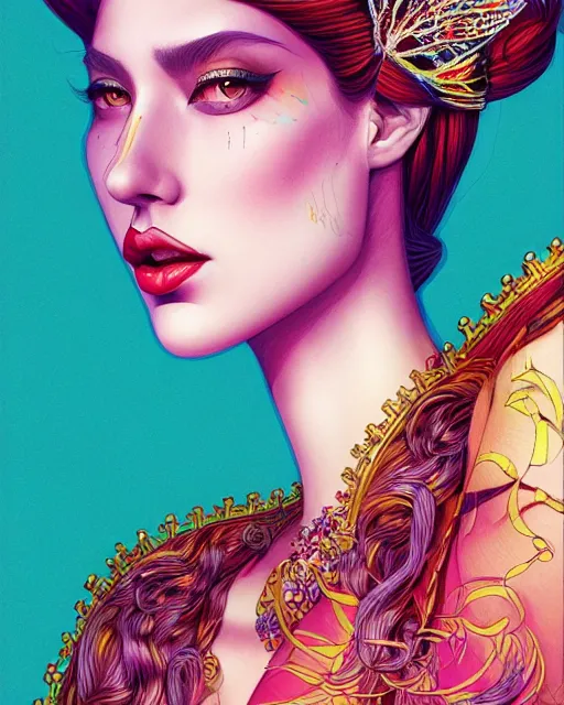 Prompt: richly detailed color illustration of a queen surrounded by beautiful penstriping large format image illustrated by artgerm and mina petrovic and timothy kong and marina federovna 3 d shadowing.