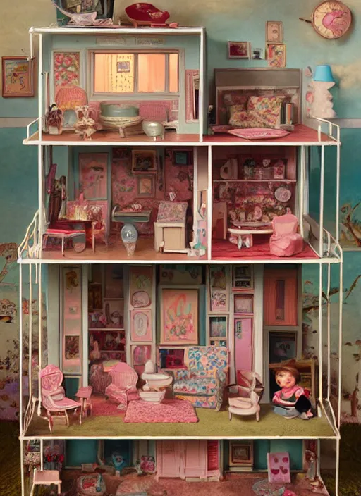 Image similar to highly detailed wide - angle portrait of a retro 1 9 6 0 s doll house, nicoletta ceccoli, mark ryden, lostfish, earl nore, hyung tae, frank frazetta, global illumination, god rays, detailed and intricate environment