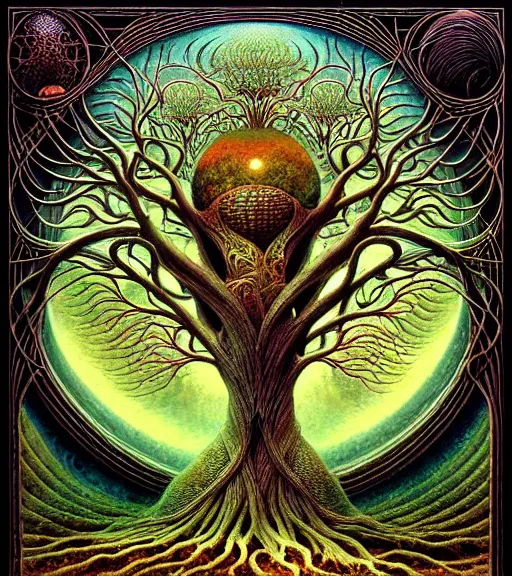 Image similar to tree of life by roger dean and andrew ferez, art forms of nature by ernst haeckel, divine chaos engine, symbolist, visionary, art nouveau, botanical fractal structures, organic, detailed, realistic, surreality