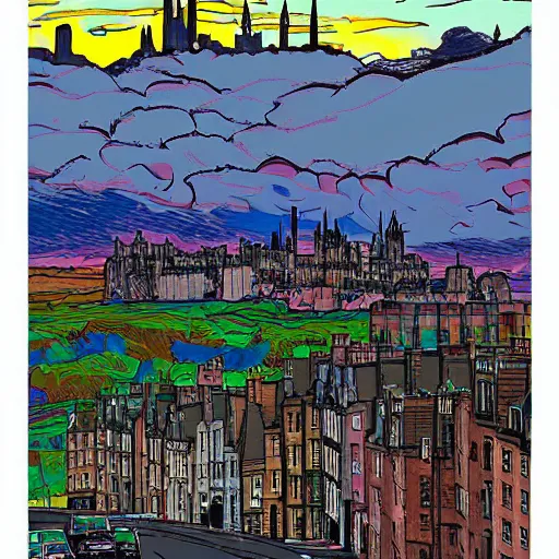 Prompt: post apocalyptic edinburgh skyline by erin hanson