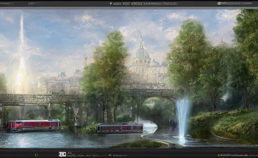 Image similar to An urban train rides inside of a waterway on a fantasy city, next to a fountain and a mystical palace. By Konstantin Razumov, Fractal flame, chiaroscuro, highly detailded